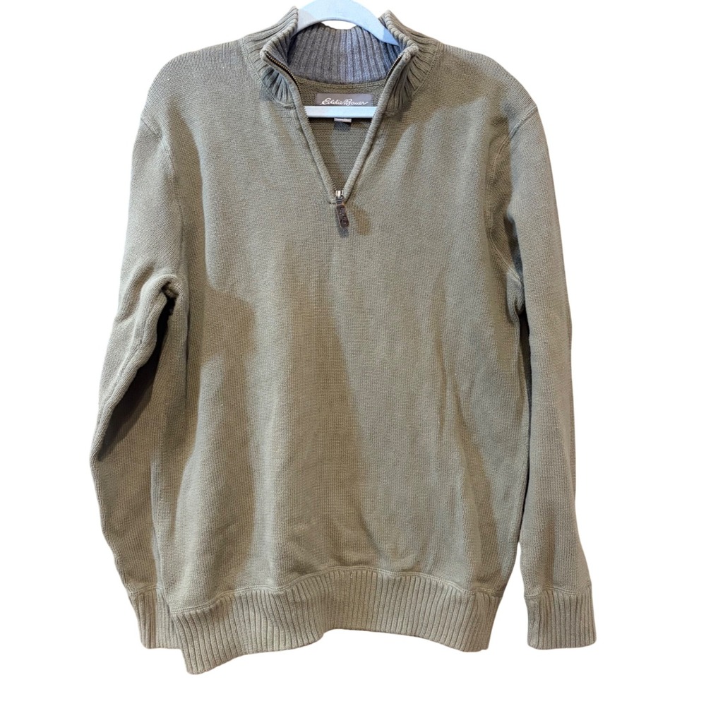Eddie Bauer Mens VTG Tall Large Olive Green 100% Cotton Quarter Zip Sweater 0311